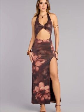 Floral Cutout Halter Maxi Dress in Brown